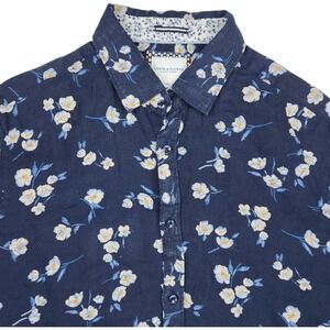 Denim & Flower Ricky Singh Linen Sz L Short Sleeve Shirt Blue Floral Button Down